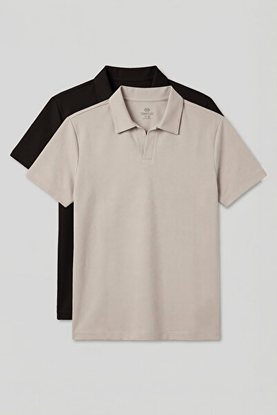 TOMMY LIFE Rahat Form Polo Collar 2-Pack Beige-Brown Men's T-Shirt - 88496