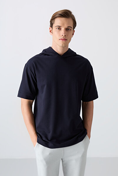 TOMMY LIFE Navy Blue Cotton Thick Soft Textured Oversize Fit Basic Men's T-Sh...