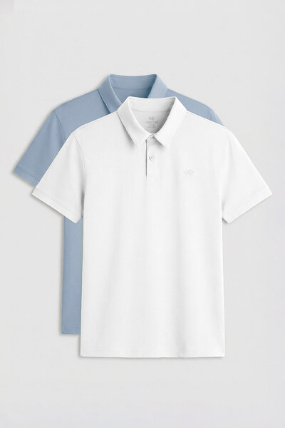 TOMMY LIFE Standard Fit Basic Polo Neck 2-Pack White-Ice Blue Men's T-Shirt -...