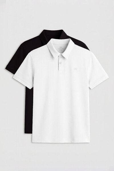 TOMMY LIFE Standart Fit Basic Polo Yaka 2li Paket Siyah-Beyaz Erkek T-Shirt -...