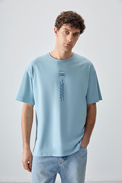 AIR JONES Açık Mavi %100 Pamuk Kalın Yumuşak Dokulu Oversize Fit Baskılı Erke...