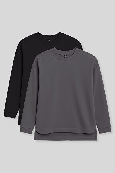 TOMMY LIFE Rahat Form O Yaka 2li Paket Siyah-Koyu Gri Kadın Tunik Sweatshirt ...