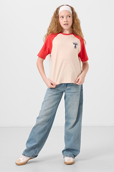 TOMMY LIFE Bej O Yaka Pamuklu Baskılı Oversize Fit Kız Çocuk T-Shirt - 75179