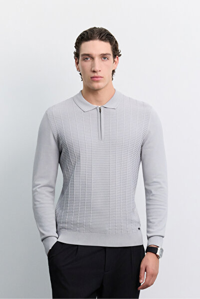 Avva Men's Gray Polo Collar Zippered Rayon Blended Regular Fit Sweater A62Y5022