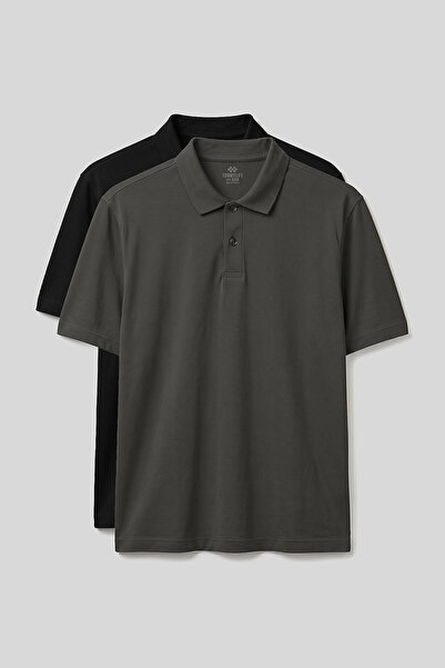 TOMMY LIFE Polo Collar Large Size 2-Pack Black-Khaki Men's T-Shirt - 88511