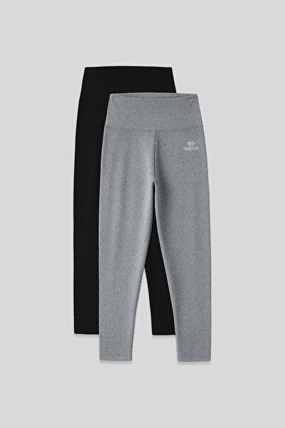 TOMMY LIFE Slim Fit 2li Paket Siyah-Gri Melanj Kadın Kapri Tayt - 93097