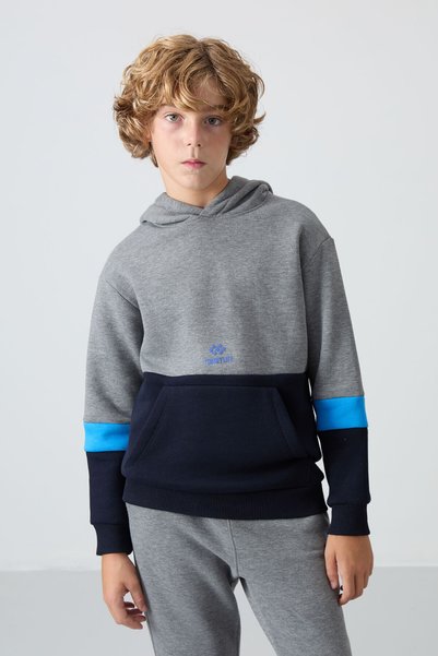 TOMMY LIFE Gray Melange Cotton Thick Fleece Lined Standard Fit Embroidered Boys Tracksuit Set - 11255