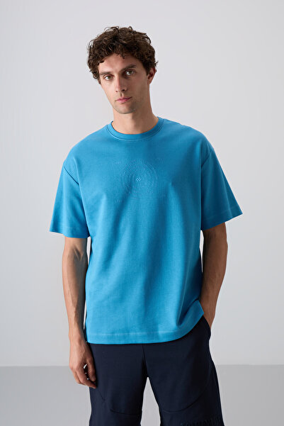 TOMMY LIFE Petrol Blue Cotton Thick Soft Textured Oversize Fit Printed Men's ...