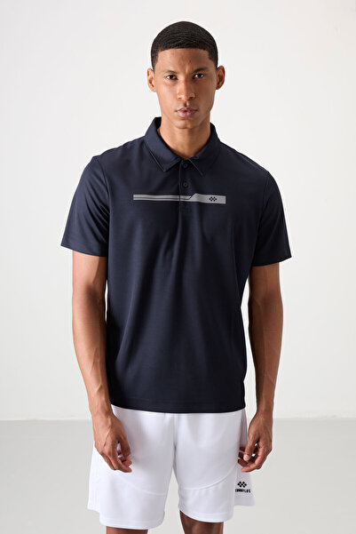 TOMMY LIFE Navy Blue Breathable Textured Slim Flexible Standard Fit Polo Neck...