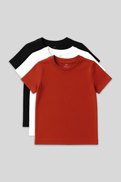 TOMMY LIFE Standard Fit Basic O Neck 3 Pack Black-White-Fiesta Unisex Kids T-...
