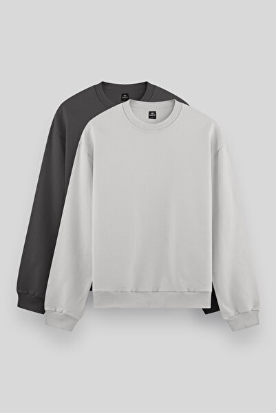 TOMMY LIFE Rahat Form Basic O Yaka 2li Paket Koyu Gri-Taş Erkek Sweatshirt - ...