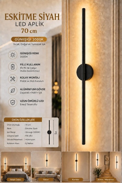 Mandaş Siyah Gün Işığı 70 cm Led Duvar Aplik 2 Adet Tekli | Pilli, Kablosuz Kullanım, Tak-Çalıştır