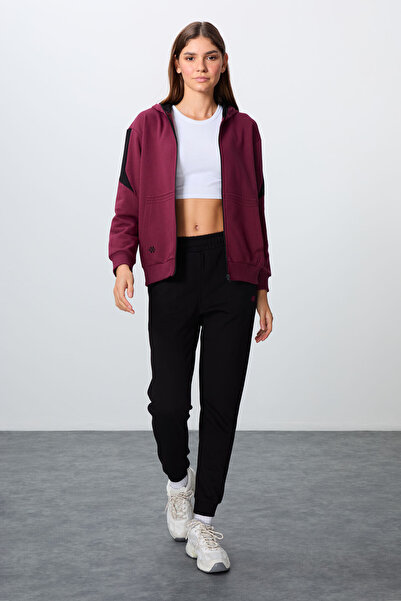 TOMMY LIFE Erguvan-Siyah Pamuklu Kalın Kapüşonlu Oversize Fit Kadın Eşofman T...