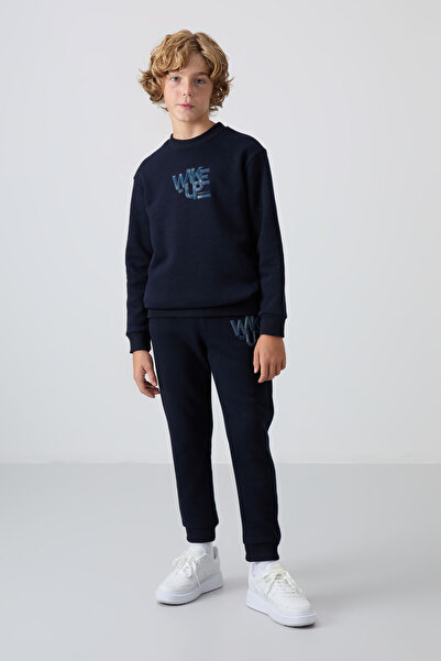 TOMMY LIFE Navy Blue Cotton Thick Fleece Lined Standard Fit Printed Boys' Tra...
