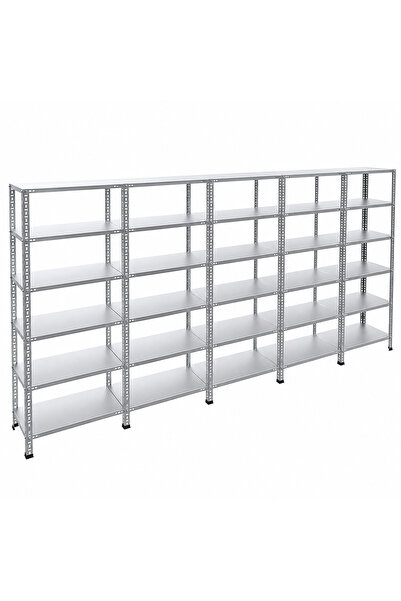 RafBurada 6 Katlı 5'li Galvaniz Çelik Raf - Depo, Arşiv, Kiler, Dosya, Market Rafı 31x60 cm-200 cm-0.70 mm