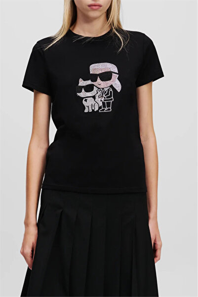 Karl Lagerfeld Ikon Rs Duo Kadın Bisiklet Yaka T-Shirt Siyah