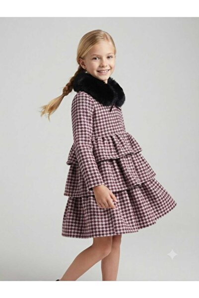 Hilal Akıncı Kids Girls' Fur-Collar Houndstooth Patterned Long-Sleeve Tiered ...