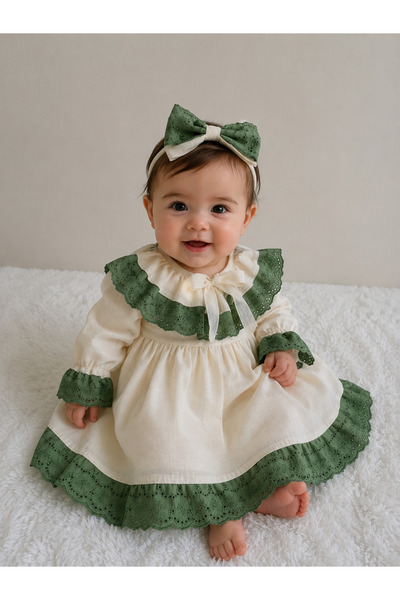Elwirababyboutiqe Green Scalloped Detailed Muslin Dress