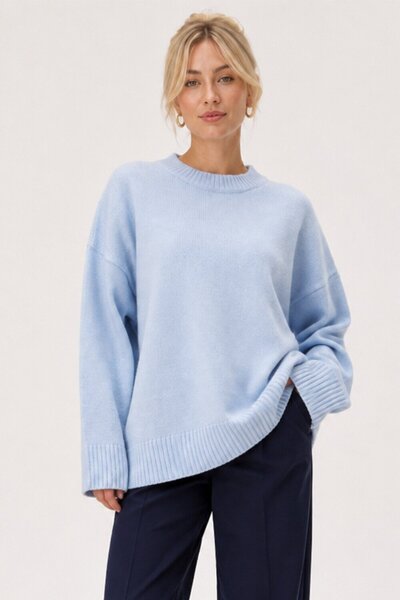 Abruzzo Blue Crew Neck Oversize Women's Knitwear Sweater