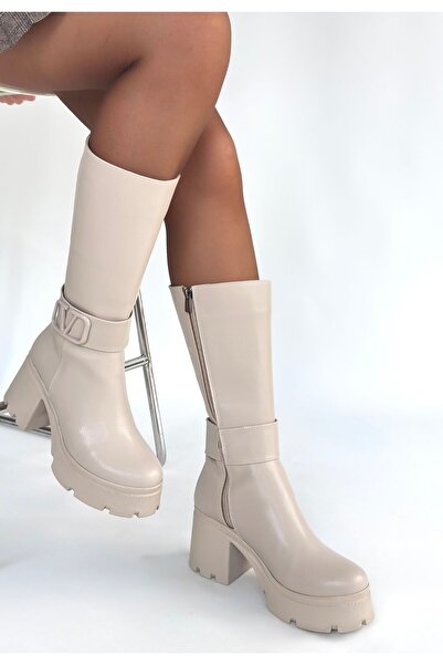 pabucmarketi Beige Zippered Women's Heeled Boots