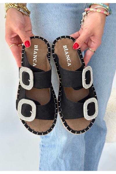 pabucmarketi Black Nubuck Buckle Women's Flat Slippers