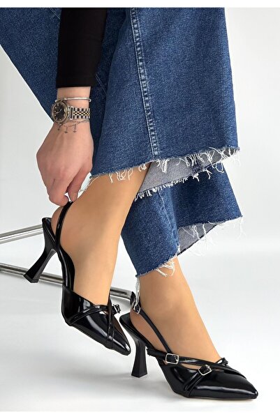 pabucmarketi Black Patent Leather Women's Heeled Shoes
