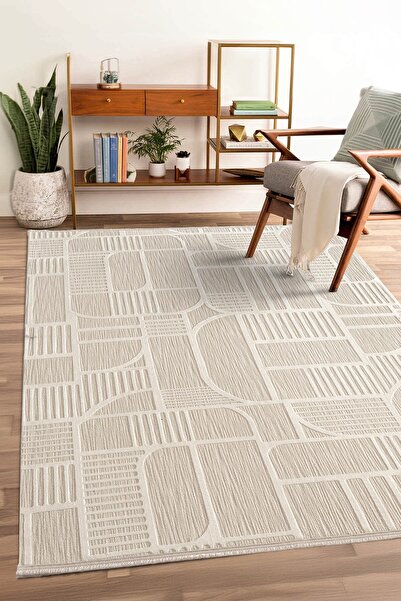 Cotto Home Tablo TL008A Beyaz Halı Geometrik Desen Pamuk Taban Yıkanabilir Sa...