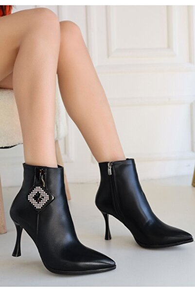 pabucmarketi Black Faux Leather Heeled Women's Boots