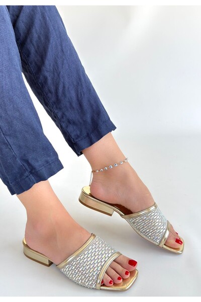 pabucmarketi Gold Embroidered Women's Heeled Slippers