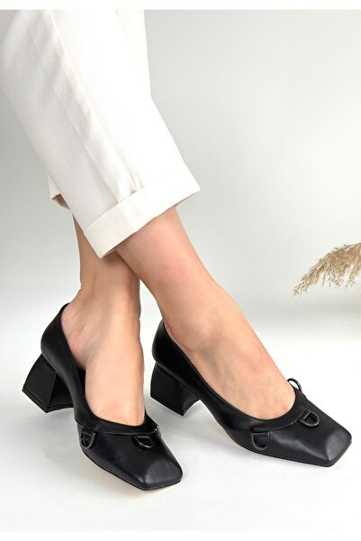 pabucmarketi Black Faux Leather Women's Heeled Shoes