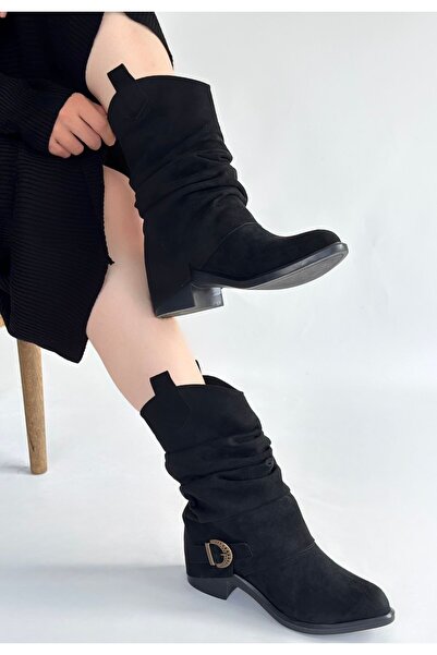 pabucmarketi Black Suede Bellows Women's Heeled Boots