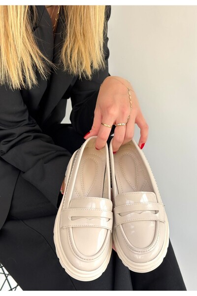 pabucmarketi Beige Patent Leather Women's Casual Shoes