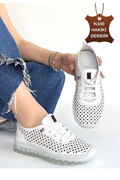 pabucmarketi White Genuine Leather Laser Lace-Up Women's Casual Shoes