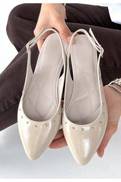 pabucmarketi Beige Patent Leather Women's Ballerinas