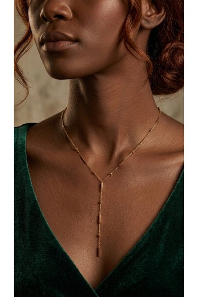 BANEDETTA New Season Steel Chain Lariat Necklace with Bar Detail on Y Shape, Trendy Gold Color