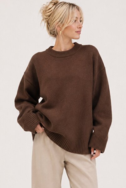 Abruzzo Pulover tricotat oversized pentru femei, maro, cu guler rotund