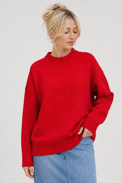 Abruzzo Red Crew Neck Oversize Women's Knitwear Sweater