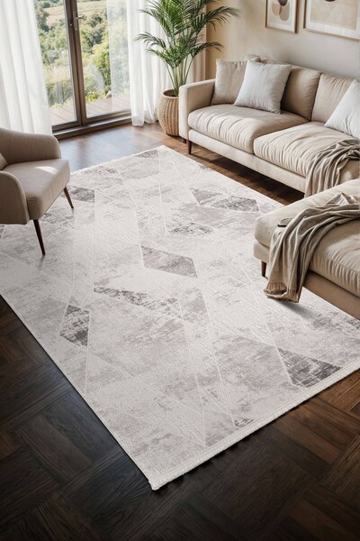 Cotto Home Moon MO104G Krem Halı Geometrik Gri Detaylı Akrilik Pamuk Taban Sa...
