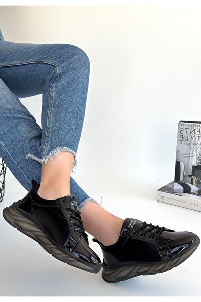 pabucmarketi Black Patent Leather Laced Gray Sole Women's Sports Shoes