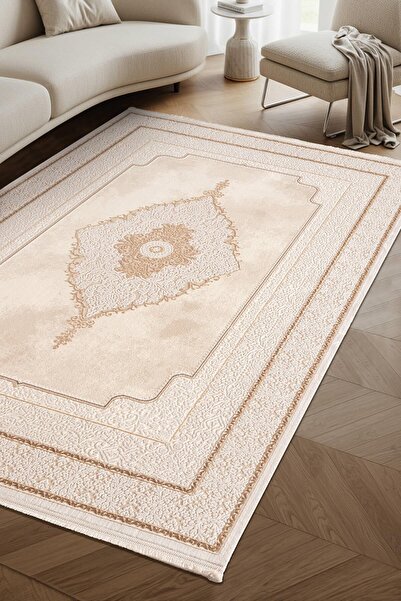 Cotto Home Crown CR004K Krem Halı Klasik Çerçeveli Detaylı Pamuk Taban Akrili...