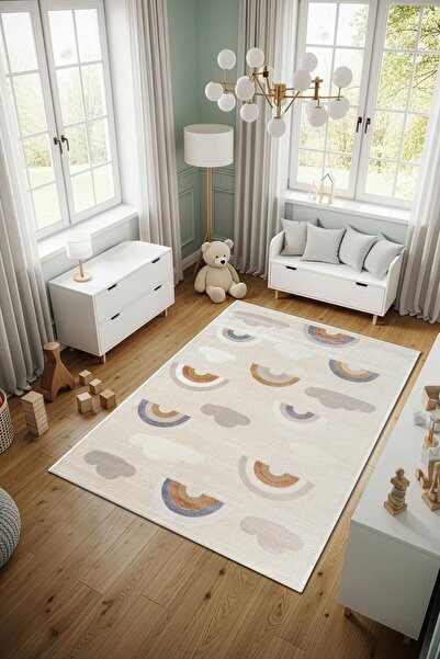 Cotto Home Cotto Kids CK006R Krem Halı Gökkuşağı Desenli Kaymaz Tabanlı Yumuş...