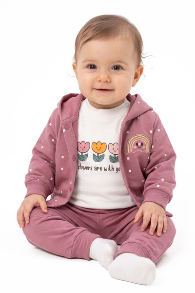 bebegen Baby Girl White Plum Tulip Rainbow Patterned Cardigan 3-Piece Set
