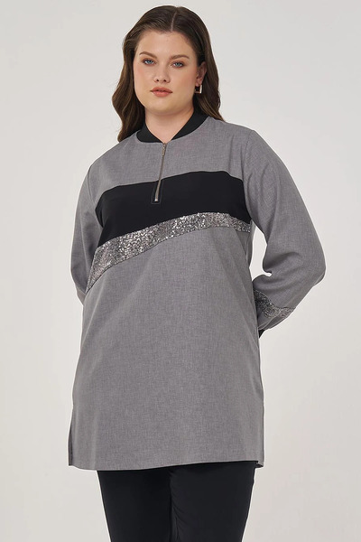 Kayra Sequin Embroidered Tunic Gray
