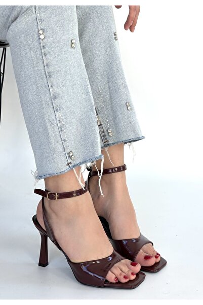 pabucmarketi Burgundy Patent Leather Women's Heeled Sandals