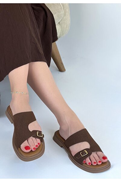 pabucmarketi Brown Leather Powder Women's Flat Slippers