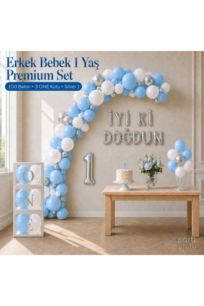 Marlon Balon Erkek Bebek 1 Yaş Doğum Günü Premium Süsleme Seti 100 Balon ONE ...