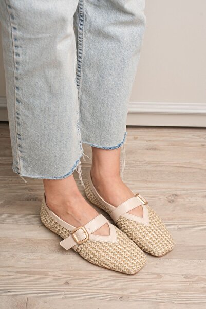 pabucmarketi Beige Belted Straw Detailed Women's Ballerinas