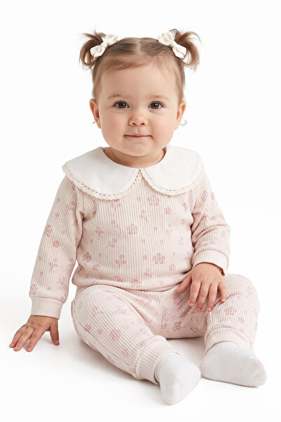 bebegen Baby Girl Beige Pink Corded Tiny Floral Printed Scallop Collar 2-Piec...