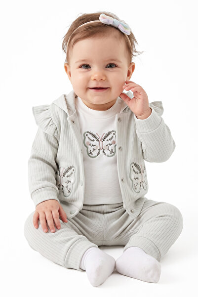 bebegen Baby Girl Ecru Water Green Butterfly Embroidered Ruffle Cardigan 3-Pi...