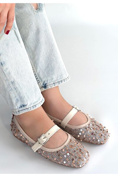 pabucmarketi Beige Suede Sequin Embroidered Women's Ballerinas